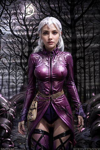   smile,   mature_woman, 27 years old, stern expression, frustrated, disappointed, flirty pose, sexy, looking at viewer, scenic view, Extremely Realistic, high resolution, masterpiece, 

Charmcaster, 1girl, low ponytail, bangs, pink eyes, lipstickmagenta coat, bodysuit, thigh straps, pouch beltBREAK(forest, nighttime, creepy trees, outdoors, gorgeous view)