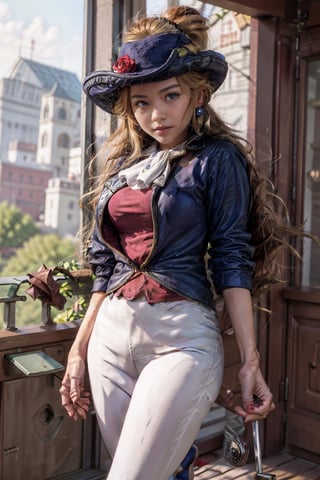   smile,   mature_woman, 27 years old, stern expression, frustrated, disappointed, flirty pose, sexy, looking at viewer, scenic view, Extremely Realistic, high resolution, masterpiece, 

Swordfighter_Peach, solo, 1girl, hat, blonde hair, blue eyes, jewelry, earrings, long hair, rapier, hat feather, pants, ascot, red rose, hat flower, ponytail, white pants, white gloves, boots, blue jacket, long sleeves,