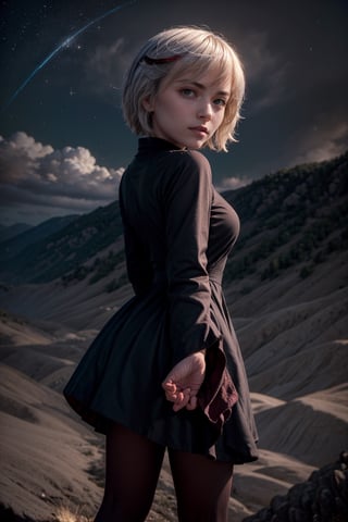   smile,   mature_woman, 27 years old, stern expression, frustrated, disappointed, flirty pose, sexy, looking at viewer, scenic view, Extremely Realistic, high resolution, masterpiece, 

sthsage, short hair, white hair, multicolored hair, hair over one eye, red eyes, black dress, black pantyhose, floating, expressionless, arms behind back, looking at viewer, from below, cloudy, space  

