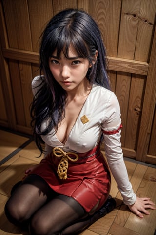  smile,   mature_woman, 27 years old, stern expression, frustrated, disappointed, flirty pose, sexy, looking at viewer, scenic view, Extremely Realistic, high resolution, masterpiece, 

nysabrina, navy colored hair,  low-tied long hair, blunt bangs, japanese clothes, red skirt, sash, detached sleeves, pantyhose, emotionless,
 

on knees, on floor, indoors, japanese architecture, from above



