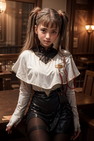   smile,   mature_woman, 27 years old, stern expression, frustrated, disappointed, flirty pose, sexy, looking at viewer, scenic view, Extremely Realistic, high resolution, masterpiece, 

bbruri, long hair, yellow eyes, white capelet, long sleeves, white gloves, black skirt, pantyhose, 