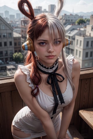   smile,   mature_woman, 27 years old, stern expression, frustrated, disappointed, flirty pose, sexy, looking at viewer, scenic view, Extremely Realistic, high resolution, masterpiece, 

uta, solo, long hair, split-color hair, headphones, hair rings, hair over one eye, looking at viewer, dress, ribbon, white dress, black ribbon, neck ribbon, twintails