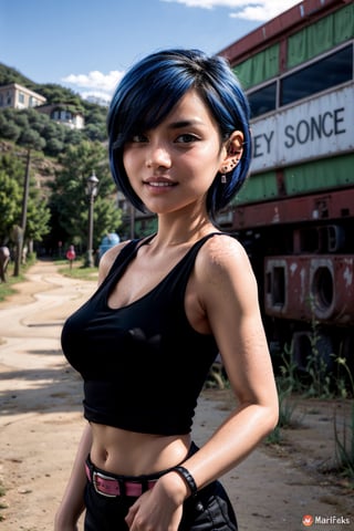   smile,   mature_woman, 27 years old, stern expression, frustrated, disappointed, flirty pose, sexy, looking at viewer, scenic view, Extremely Realistic, high resolution, masterpiece, 

MarieK,short blue hair,ear piercing,hair over one eye,freckles,black eyes,makeup,standing,smiling, upper body, black shirt,black wristbands,midriff,belt,
