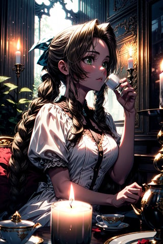 ((ultra detailed, masterpiece, best quality))  FF7Aerith, 1girl, solo, single braid, green eyes, brown hair, Inside a magical tea party, frilly lace dress, cinematic candle-lit ambience, sipping tea with whimsical creatures around