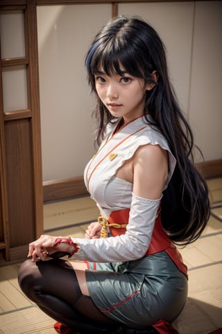   smile,   mature_woman, 27 years old, stern expression, frustrated, disappointed, flirty pose, sexy, looking at viewer, scenic view, Extremely Realistic, high resolution, masterpiece, 

nysabrina, navy colored hair,  low-tied long hair, blunt bangs, japanese clothes, red skirt, sash, detached sleeves, pantyhose, emotionless,
 

on knees, on floor, indoors, japanese architecture, from above




