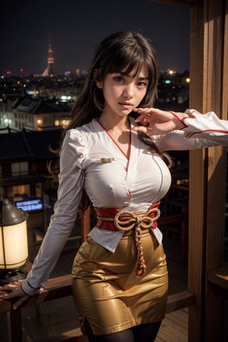   smile,   mature_woman, 27 years old, stern expression, frustrated, disappointed, flirty pose, sexy, looking at viewer, scenic view, Extremely Realistic, high resolution, masterpiece, 

nysabrina, low-tied long hair, blunt bangs, japanese clothes, red skirt, sash, detached sleeves, pantyhose, emotionless,
 
seiza, indoors, japanese architecture, from above

cityscape, night,


