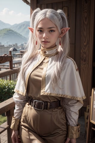   smile,   mature_woman, 27 years old, stern expression, frustrated, disappointed, flirty pose, sexy, looking at viewer, scenic view, Extremely Realistic, high resolution, masterpiece, 

frieren, white hair, 1girl, long hair, pointy ears, twintails, jewelry, elf, earrings, capelet, white capelet, long sleeves, parted bangs, dress, staff, holding staff, belt, flower