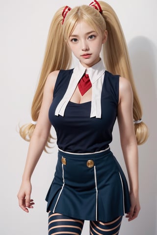 masterpiece, best quality, 1girl, solo, looking at viewer, breasts, , portrait, white background, simple background, 

TWINTAILS, TWIN DRILLS, Luna_MM, twin tails, drill hair, blonde, striped tights,blue dress, school uniform, skirt, blond_hair, big hair, big red ribbon in hair, ,photorealistic,1 girl ,REALISTIC