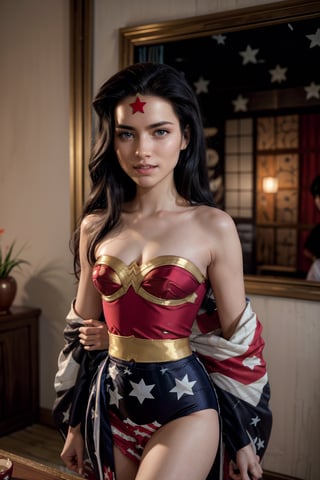   smile,   mature_woman, 27 years old, stern expression, frustrated, disappointed, flirty pose, sexy, looking at viewer, scenic view, Extremely Realistic, high resolution, masterpiece, 

,wonderwoman,black hair,long hair,blue eyes,dark skin,tiara,(kimono,american flag print:1.4),smile,tatami,indoors,(dutch angle)