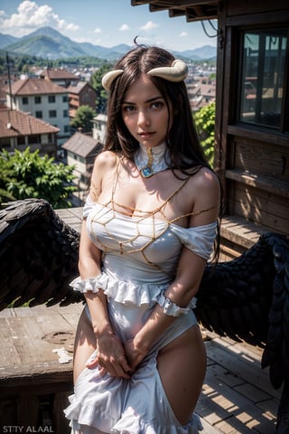   smile,   mature_woman, 27 years old, stern expression, frustrated, disappointed, flirty pose, sexy, looking at viewer, scenic view, Extremely Realistic, high resolution, masterpiece, 

al1, demon horns, white gloves, white dress, bare shoulders, detached collar, cleavage, slit pupils, black wings, feathered wings, low wings


