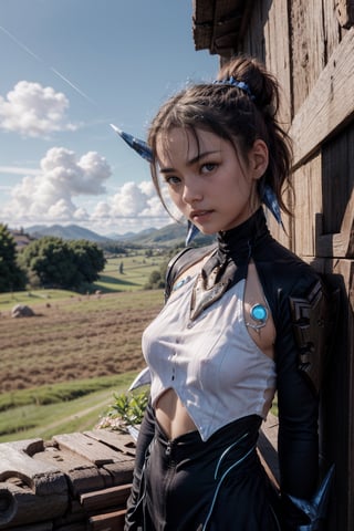   smile,   mature_woman, 27 years old, stern expression, frustrated, disappointed, flirty pose, sexy, looking at viewer, scenic view, Extremely Realistic, high resolution, masterpiece, 

xcTheory, single hair bun, horns, hair ornament, eyepatch, bodysuit, armor, black pants, upper body, looking at viewer, field, blue sky, clouds, serious



,pneumadef,xcTheory