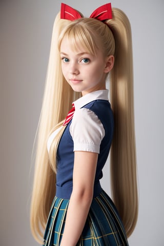 masterpiece, best quality, 1girl, solo, looking at viewer, breasts, , portrait, white background, simple background, 

TWINTAILS, TWIN DRILLS, Luna_MM, twin tails, drill hair, blonde, striped tights,blue dress, school uniform, skirt, blond_hair, big hair, big red ribbon in hair, ,photorealistic,1 girl ,REALISTIC