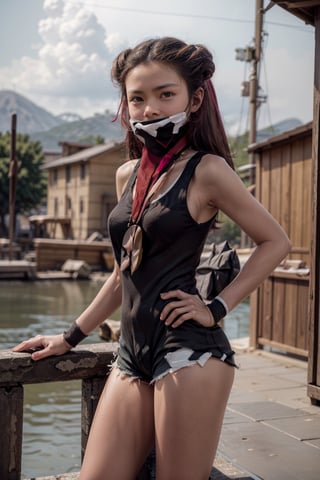   smile,   mature_woman, 27 years old, stern expression, frustrated, disappointed, flirty pose, sexy, looking at viewer, scenic view, Extremely Realistic, high resolution, masterpiece, 

roxanne, twintails, hair ribbon,  covered mouth, bandana, hat, tank top, short shorts, wristband, jewelry, necklace