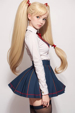 masterpiece, best quality, 1girl, solo, looking at viewer, breasts, , portrait, white background, simple background, 

TWINTAILS, TWIN DRILLS, Luna_MM, twin tails, drill hair, blonde, striped tights,blue dress, school uniform, skirt, blond_hair, big hair, big red ribbon in hair, 