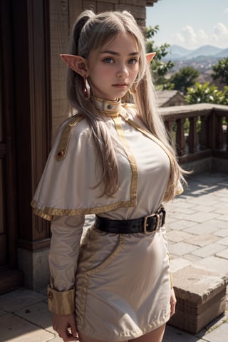   smile,   mature_woman, 27 years old, stern expression, frustrated, disappointed, flirty pose, sexy, looking at viewer, scenic view, Extremely Realistic, high resolution, masterpiece, 

frieren, 1girl, long hair, pointy ears, twintails, jewelry, elf, earrings, capelet, white capelet, long sleeves, parted bangs, dress, staff, holding staff, belt, flower