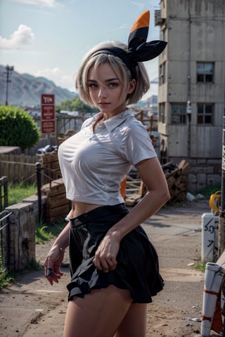   smile,   mature_woman, 27 years old, stern expression, frustrated, disappointed, flirty pose, sexy, looking at viewer, scenic view, Extremely Realistic, high resolution, masterpiece, 

bbbea,dark skin,short hair,hair between eyes,eyelashes,bow hairband,school uniform,shirt,white shirt,short sleeves,black skirt,sneakers,white footwear,,outdoors,cowboy shot,smile,standing,waving,(arm_at_side:1.2),