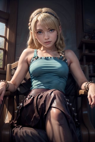   smile,   mature_woman, 27 years old, stern expression, frustrated, disappointed, flirty pose, sexy, looking at viewer, scenic view, Extremely Realistic, high resolution, masterpiece, 

,Astrid Hofferson, long blonde hair with a messy braid and some hair covering her left eye), light blue eyes, has a leather headband with metal spikes around it of her forehead, 

 wearing a sleeveless shirt with different variations of turquoise, metal shoulder pads with silver spikes, beige fabric bracelets, a burgundy skirt with spikes around it, another dark brown skirt underneath, and dark blue pants

   scenic view, smile,  parted lips ,

 crossed legs, sitting in a chair, elbows on chair, 