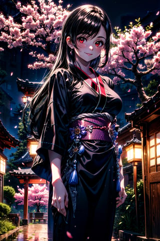 (8k, best quality, masterpiece:1.2), (realistic, photo-realistic:1.37), floral yukata, night, japanese festival, whole body, looking at camera, ultra-detailed, 1 girl, cute, solo,beautiful detailed sky, cherry blossoms,smile, park, looking at camera, whole body, smile,, tifa lockhart. red eyes, black hair, long hair, tifa, red iris,