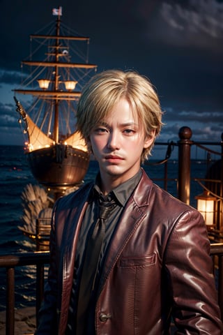  looking at viewer, scenic view, Extremely Realistic, high resolution, masterpiece, 

pirate ship background, ocean,  sanji2, suit, hair_over_one_eye, eyeblow, black shirts, necktie, Burgundy jacket, facial hair, blonde hair, male, short hair, 