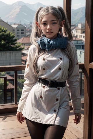   smile,   mature_woman, 27 years old, stern expression, frustrated, disappointed, flirty pose, sexy, looking at viewer, scenic view, Extremely Realistic, high resolution, masterpiece, 

aafrie, long hair, white hair, twintails, pointy ears, earrings, thick eyebrows, blue scarf, white coat, double-breasted, buttons, black pantyhose

