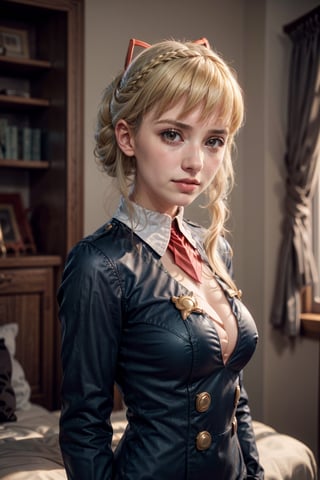   smile,   mature_woman, 27 years old, stern expression, frustrated, disappointed, flirty pose, sexy, looking at viewer, scenic view, Extremely Realistic, high resolution, masterpiece, 
 expressionless, looking at viewer, own hands together, crown braid, uniform, epaulettes, long sleeves, indoors, TWINTAILS, TWIN DRILLS, Luna_MM, twin tails, drill hair, blonde, blond_hair, big hair, big red ribbon in hair, 