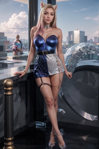   smile,   mature_woman, 27 years old, stern expression, frustrated, disappointed, flirty pose, sexy, looking at viewer, scenic view, Extremely Realistic, high resolution, masterpiece, 

kda_ahri, smirk, stading, full body, crystal fox tail