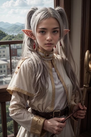   smile,   mature_woman, 27 years old, stern expression, frustrated, disappointed, flirty pose, sexy, looking at viewer, scenic view, Extremely Realistic, high resolution, masterpiece, 

frieren, grey hair, 1girl, long hair, pointy ears, twintails, jewelry, elf, earrings, capelet, white capelet, long sleeves, parted bangs, dress, staff, holding staff, belt, flower