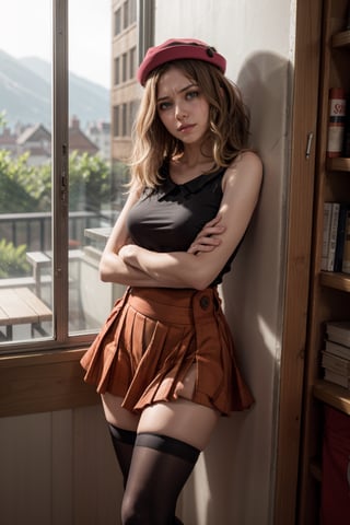   smile,   mature_woman, 27 years old, stern expression, frustrated, disappointed, flirty pose, sexy, looking at viewer, scenic view, Extremely Realistic, high resolution, masterpiece, 

serena, hat, sleeveless, long hair, thighhighs, short hair, skirt, black thighhighs, shirt, collarbone, red skirt, pleated skirt, sleeveless shirt
