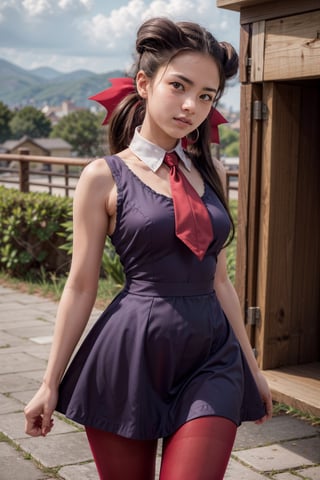   smile,   mature_woman, 27 years old, stern expression, frustrated, disappointed, flirty pose, sexy, looking at viewer, scenic view, Extremely Realistic, high resolution, masterpiece, 

roxanne, twintails, hair ribbon, ascot, blue dress, pink pantyhose, cowboy shot, frustrated, furrowed brow, looking at viewer