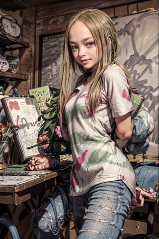   smile,   mature_woman, 27 years old, stern expression, frustrated, disappointed, flirty pose, sexy, looking at viewer, scenic view, Extremely Realistic, high resolution, masterpiece, 

oversized shirt, sidelocks, facepaint, holding pencil, smile, denim pants, cowboy shot,  mina (pokemon), sidelocks, facepaint