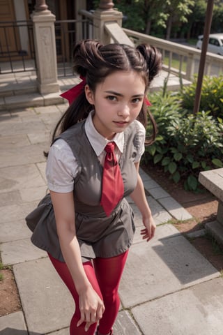   smile,   mature_woman, 27 years old, stern expression, frustrated, disappointed, flirty pose, sexy, looking at viewer, scenic view, Extremely Realistic, high resolution, masterpiece, 

roxanne, twintails, hair ribbon, ascot, grey dress, white shirt, short sleeves, pink pantyhose, shoes, 