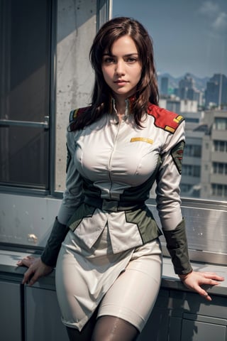   smile,   mature_woman, 27 years old, stern expression, frustrated, disappointed, flirty pose, sexy, looking at viewer, scenic view, Extremely Realistic, high resolution, masterpiece, 

ramius1, 1girl, solo, (black_pantyhose:1.1), military uniform, military, makeup, white shirt, white skirt, tight skirt, 

