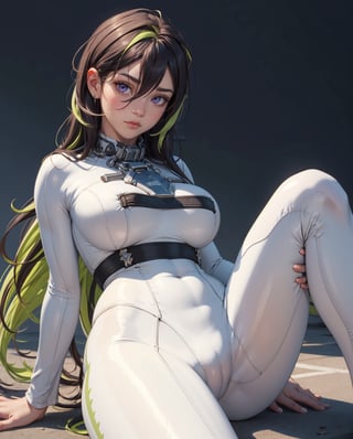 (masterpiece, best quality, ultra-detailed, 8k), realistic photo, detailed face, detailed eyes, cowboy shot, dynamic angle, (seductive pose, lying back), huge breasts, guilty \(nikke\), 1girl, solo, white bodysuit, stretched clothes, (skin tight bodysuit), collar, belt, purple eyes, green hair, two-tone hair, tiny waist, wide hips, tight body, slender body, hourglass body, thigh gap, camel toe, sexy fit body, More Detail, simple background, guilty (nikke)