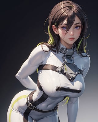 (masterpiece, best quality, ultra-detailed, 8k), realistic photo, detailed face, detailed eyes, cowboy shot, (bending over), leaning forward, (view from below), (large breasts), guilty \(nikke\), 1girl, solo, white bodysuit, stretched clothes, (skin tight bodysuit), collar, belt, purple eyes, green hair, two-tone hair, tiny waist, wide hips, tight body, slender body, hourglass body, thigh gap, sexy fit body, More Detail, simple background, guilty (nikke)