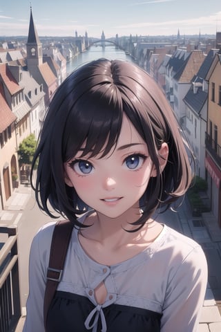 masterpiece, (best quality, ultra-detailed:1.4), (ultra high res:1.5), (sharp focus), (insanely detailed:1.3), (detailed anime face:1.1), (perfect anatomy), super fine (cel animation), (1 anime (kawaii childish little:1.1) girl),(cute face:1.1),(medium hair,right bule_hair:1.2),kindly smile,(in fantasy world, photoreal townscape in background:1.4), upper body, panorama view,blue sky,(heartwarming atmosphere),less revealing summer dress,