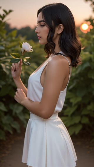 A stunning young woman with short, raven-black hair and a flowing white skirt that hugs her curves, posing in profile against the warm glow of a sunset. The vibrant hues of the fading light are captured in a bold, red-scale aesthetic, as if plucked from a classic film noir. A delicate flower adorns her shoulder, adding a touch of whimsy to this captivating scene.