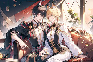 ((2boys with fox ears flirting)), dressed in golden and black color ancient Chinese portrait, pastelbg, tiara, ear_rings, mole under eye, best quality, highly detailed, masterpiece, perfect light, ((male only)), (sit on sofa), physical intimacy, full_length_portrait, (Long Shot),