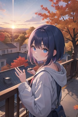 a young girls looks at the sunset sky from a roof, autumn, fall colors, leaves, trees, sky, with autumn colors and Prussian blue, cyan, ultramarine, fuchsia, purple, lots of stars