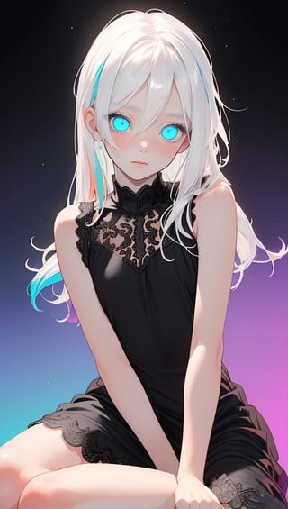 (photorealistic:1.4), (masterpiece, sidelights, exquisite gentle eyes), (character focus,close to viewer,portrait、　masterpiece) ,anime colored,,cute face、 3D face,,(white hair,straight hair),(1 girl),sitting,(blue eyes),(full body:1.2),(simple mini　sleeveless white black lace dress:1.4),blush、hair ribbon、
(cute face),(clear face:1.5),Gentle face,(small breasts),( colorful background:1.5)、(glowing eyes)、
neat and clean、adorable、Slim Body,(tareme:1.5),,shiny hair, shiny skin、,niji,sketch,manga