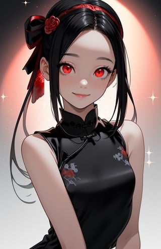(photorealistic:),(masterpiece, sidelights, exquisite gentle eyes), (character focus,face focus,portrait,masterpiece),(),3D face,(black gradient hair,long hair),(forehead:1.2),(1 girl),(gradient red eyes),(),(eyes sparkling:1.3),(upper body:1.3),(light smile),()
.(hair ribbon),
(sleeveless black china dress:1.5),(Embroidery),
(cute face),(small breasts),(gradient background)、
neat and clean、adorable、Slim Body,(tareme),,shiny hair, shiny skin、,niji,