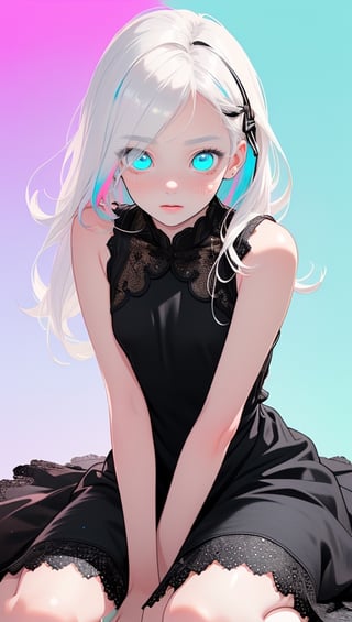 (photorealistic:1.4), (masterpiece, sidelights, exquisite gentle eyes), (character focus,close to viewer,portrait、　masterpiece) ,anime colored,,cute face、 3D face,,(white hair,straight hair),(1 girl),sitting,wariza,(blue eyes),(full body:1.2),(simple mini　sleeveless white black lace dress:1.4),blush、hair ribbon、
(cute face),(clear face:1.5),Gentle face,(small breasts),( colorful background:1.5)、(glowing eyes)、
neat and clean、adorable、Slim Body,(tareme:1.5),,shiny hair, shiny skin、,niji,sketch,manga