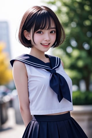 1 girl, 16yo, open mouth, smile ,short hair,  (drooping eye), extrereamly cute face, round face,  slim body, rim light, blurry background, plump cheeks, micro black skirt,sailor_girls, boobs, perky breasts,<lora:659111690174031528:1.0>