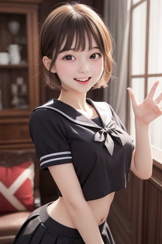 1 very very little girl, open mouth, smile ,short hair,  (drooping eye), extrereamly cute face, round face,  (slim body), rim light, blurry background, plump cheeks, micro black skirt,sailor_girls, boobs, perky breasts, nipples