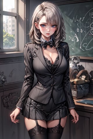 (masterpiece:1.5), (big breasts), 1 girl, young woman, (Beautiful Girl:1.5), (extremely detailed and delicate anime face and eyes:1.5), whole body, (natural light, HDR, extremely details CG:1.3), (dynamic posture:1.3), {correct body anatomy}, (wide hips:1.4), (perfect hands:1.3), single focus, toned body, Beautiful Lips, thick lips, {surreal}, {correct posture}, {minutes details}, {detailed body}, {detailed clothing}, {Bright Eyes}, (cleavage: 1.3), {accessories}, {sexy}, {solo}, (black wafuku: 1.5), (black school uniform: 1.3), (Short black blazer: 1.5), (black blouse: 1.3), long sleeves jacket, (short skirt: 1.3), skirt, (bowtie: 1.3), hairclip, jewelry, earrings, (brown thighhighs: 1.5), loafers, (disdain look: 1.3), (medium hair: 1.5), (permed hair: 1.3), (gray hair: 1.5), (swept bangs: 1.3), glowing hair, (bright lilac eyes: 1.3), 
