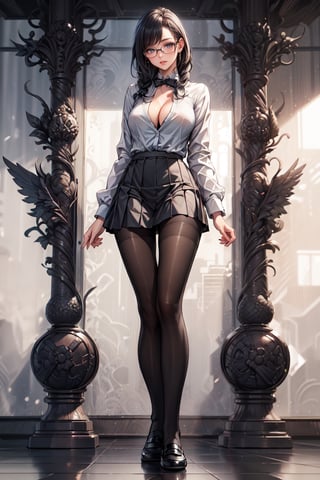 (full body: 1.5), {masterpiece: 1-5}, {big breasts: 1-5}, 1 girl, young woman, beautiful Girl ,{extremely detailed and delicate anime face and eyes: 1-5}, {whole body: 1-3}, {natural light, HDR, extremely details CG: 1-3}, {dynamic posture: 1-3}, {correct body anatomy}, {wide hips: 1-5}, {perfect hands: 1-5}, single focus, toned body, wide hips, Beautiful Lips, thick lips, {surreal}, {correct posture}, {minutes details}, {detailed body}, {detailed clothing}, {Bright Eyes}, {cleavage: 1-3}, {accessories}, {sexy}, {solo}, black wafuku, (black school uniform: 1.3), short skirt, skirt, bowtie, black glasses, hairclip, jewelry, earrings, black pantyhose, loafers, twin braids, (Black hair: 1.3), hime cut bangs, Brown eyes, disdain,