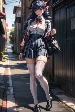 (full body: 1.5), {masterpiece: 1-5}, {big breasts: 1-3}, 1 girl, young woman, beautiful Girl ,{extremely detailed and delicate anime face and eyes: 1-5}, {whole body: 1-3}, {natural light, HDR, extremely details CG: 1-3}, {dynamic posture: 1-3}, {correct body anatomy}, {wide hips: 1-5}, {perfect hands: 1-5}, single focus, toned body, wide hips, Beautiful Lips, thick lips, {surreal}, {correct posture}, {minutes details}, {detailed body}, {detailed clothing}, {Bright Eyes}, {cleavage: 1-3}, {accessories}, {sexy}, {solo}, Korean school uniform, (High waist pleated skirt: 1.5), (Plaid skirt: 1.3), high waist skirt, (Strap pleated skirt: 1.3), Strap, white shirt, drawstring shirts, (pearl bow tie: 1.3), Hakama bow, (white legwear: 1.5), black loafers, jewelry, earrings, (dark blue hair: 1.5), long hair, (quad drills hair: 1.3), (straight hair: 1.5), blunt bangs, light green eyes, (School: 1.5),