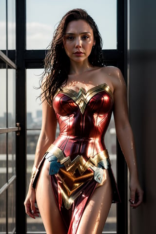 elizabeth olsen, wet, wonder woman, crinoline dress, Standing on a tall building, bright face, long hair, perfect fingers, perfect nails, lustrous eyes, big breast, cleavage, perfect natural breasts, perfect boobs, ultra detailed face, model figure, full body portrait, first-person view, high quality, very detailed, 8k ultra HD, awake euphoric style, aesthetic portrait, masterpiece, extremely realistic, real photo, photorealistic, sexy pose, nice legs and hot body, striking pose, ,sks woman