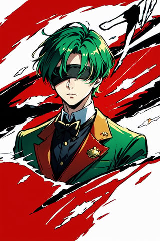 (masterpiece),vivid,a handsome man ,green tuxedo,multicolored hair,blindfolded ,messy wolfcut hairstyle, surrounded by ghost,Persona Cut In,midjourney