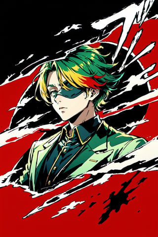 (masterpiece),vivid,a handsome man ,green tuxedo,multicolored hair,blindfolded ,messy wolfcut hairstyle, surrounded by ghost,Persona Cut In,midjourney