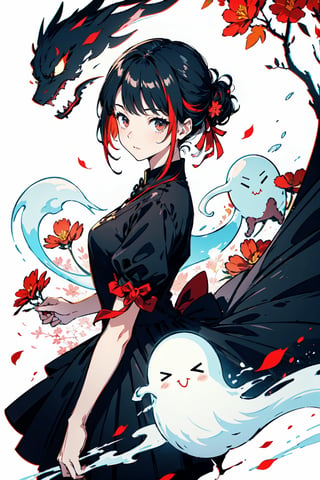 (masterpiece),vivid,a beautiful girl ,black dress,multicolored hair,red blossoms,white background, surrounded by ghost,Persona Cut In,midjourney